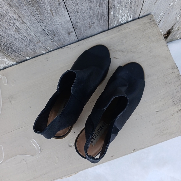 Steve Madden Womens 7.5M Nobel Block Heels Black Leather Open Toe Ankle Boot - Picture 6 of 10